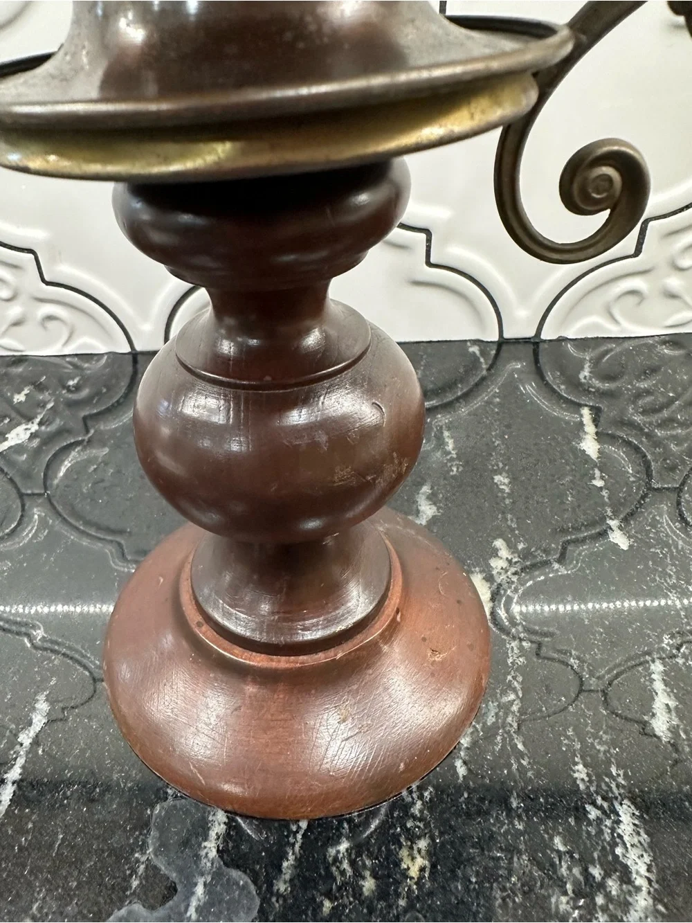 Antique-Style Brass and Wood Candle Holder - Brown